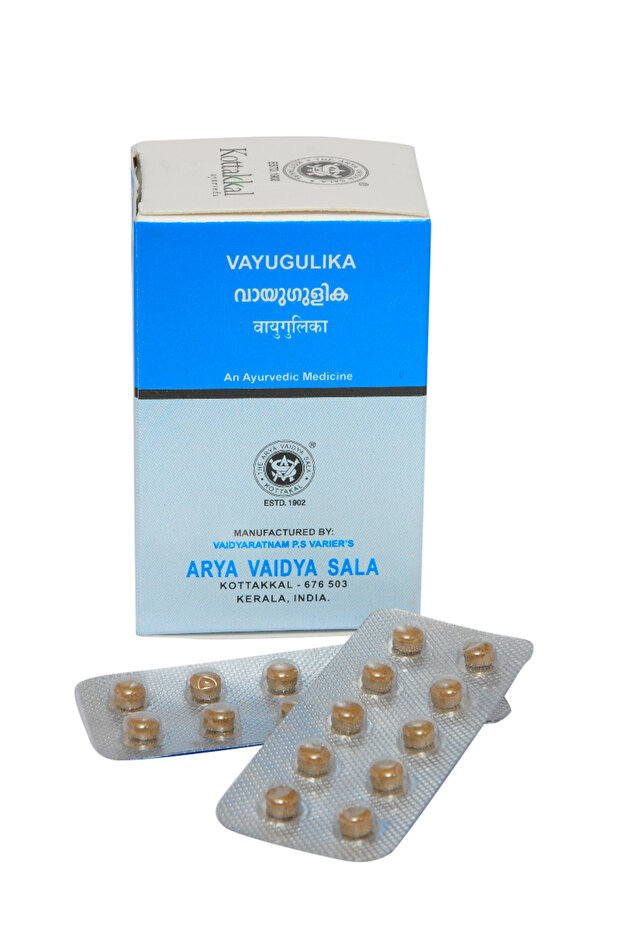 Arya Vaidya Sala Kottakkal Vayu Gulika-100 tablets WITH Sukanthi Throat Relief Pills
