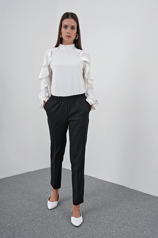 Dar Paça Beli Lastikli Siyah Kumaş Pantolon P-0148 - 3