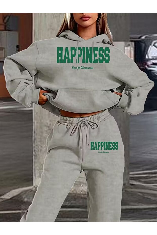 Women's Happıness Printed Bottom Top Oversize Women's Hooded Black Tracksuit Set