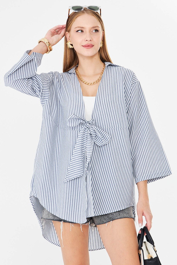Women's Dark Navy Blue Striped Front Tie Kimono Shirt Arm-25Y001085