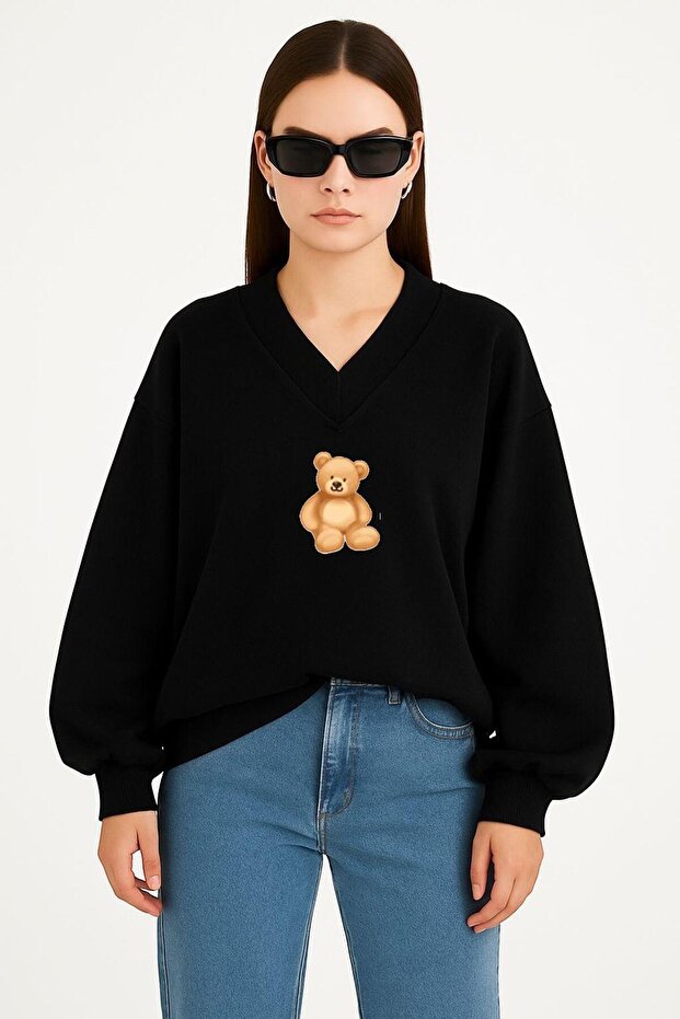Bear Printed Unisex V-Neck Sweatshirt