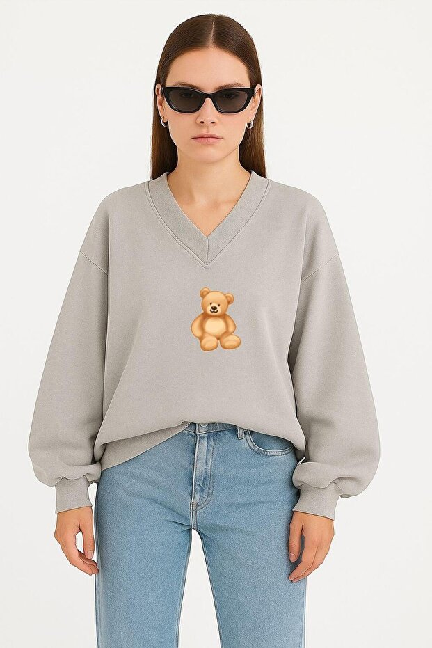 Bear Printed Unisex V-Neck Sweatshirt