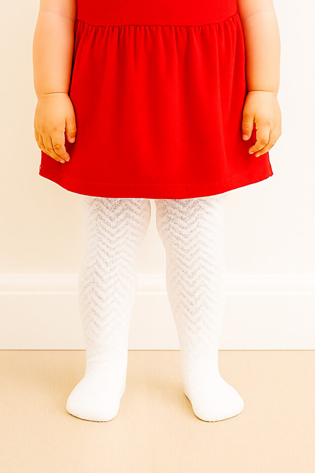 Baby Girl Cotton Comfortable Fit Zig Zag Patterned Single White Pantyhose (6-12 Months)