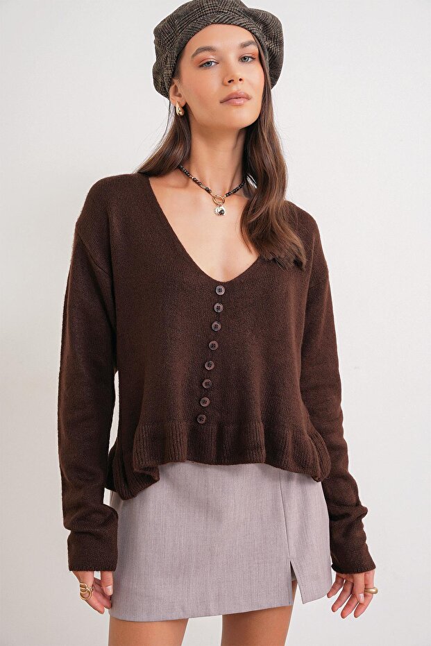 6954 Women's Ruffle Detailed V-Neck Knitwear Sweater Brown