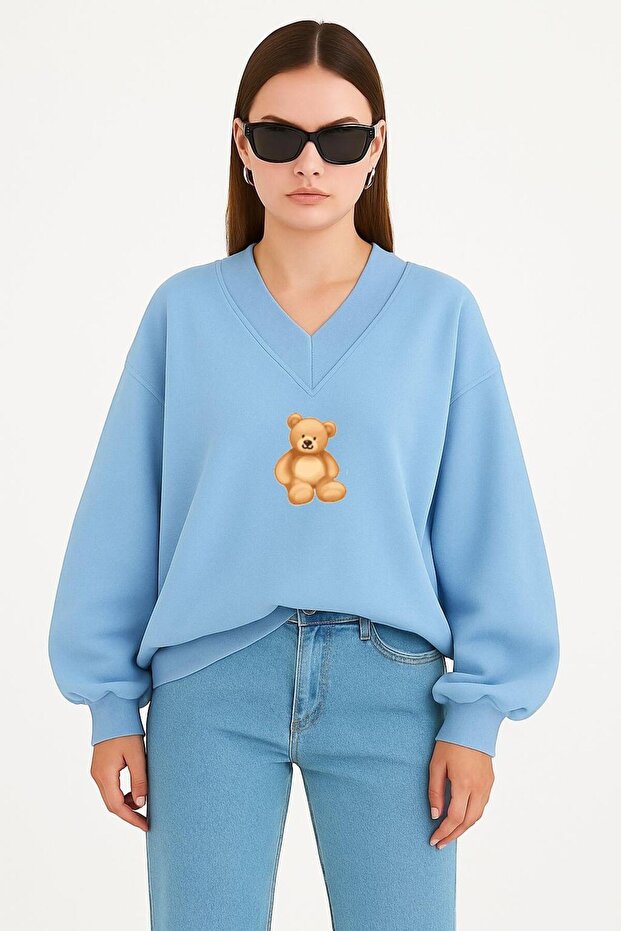 Bear Printed Unisex V-Neck Sweatshirt