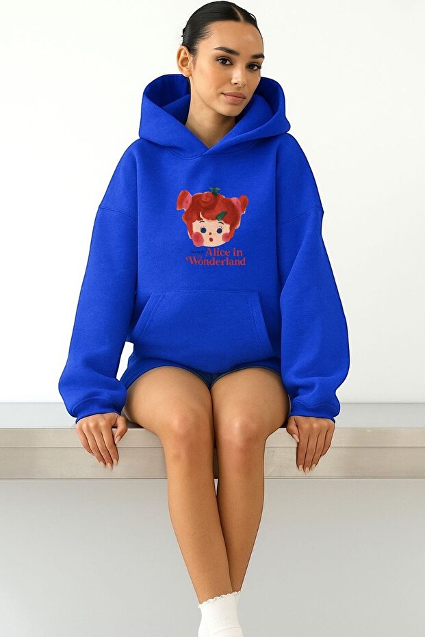 3 Yarn Combed Cotton Alice in Wonderland Printed Unisex Hooded Sweatshirt