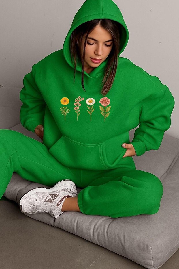 3-Ply Combed Cotton Flower Printed Unisex Hooded Sweat