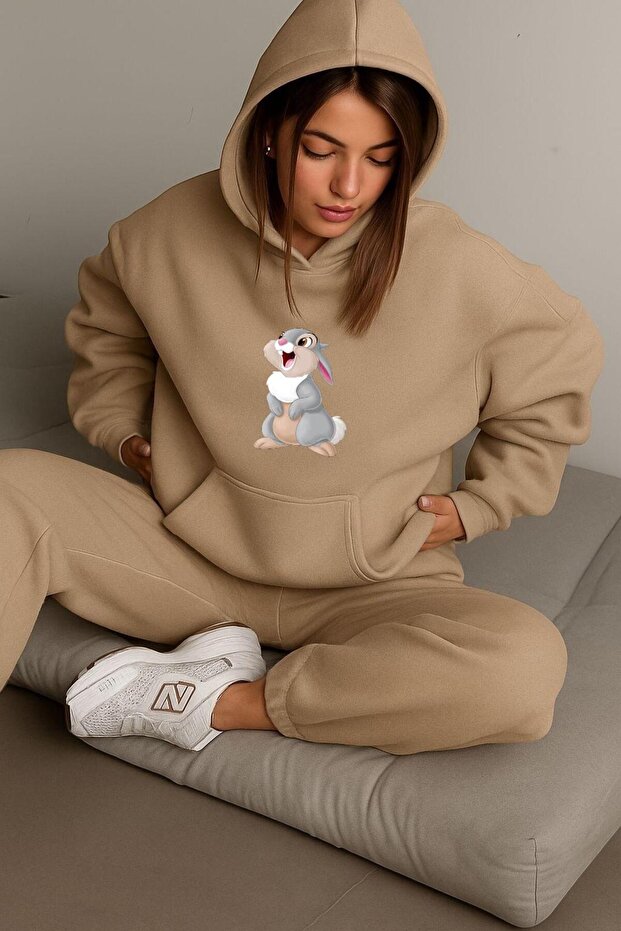 3-Ply Combed Cotton Rabbit Printed Unisex Hooded Sweatshirt