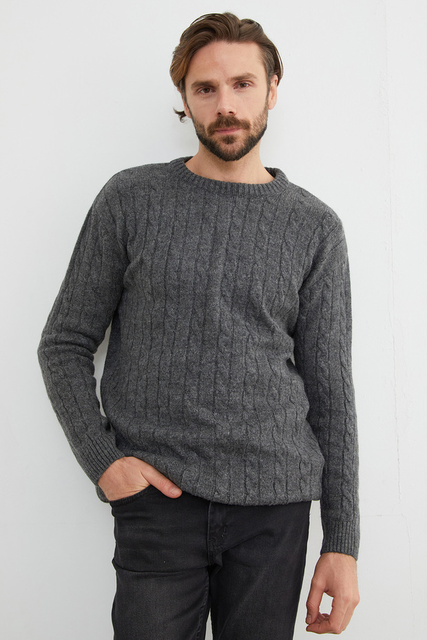 Saç Örgüsü Desenli Bisiklet Yaka Kazak - 4