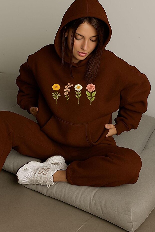 3-Ply Combed Cotton Flower Printed Unisex Hooded Sweat
