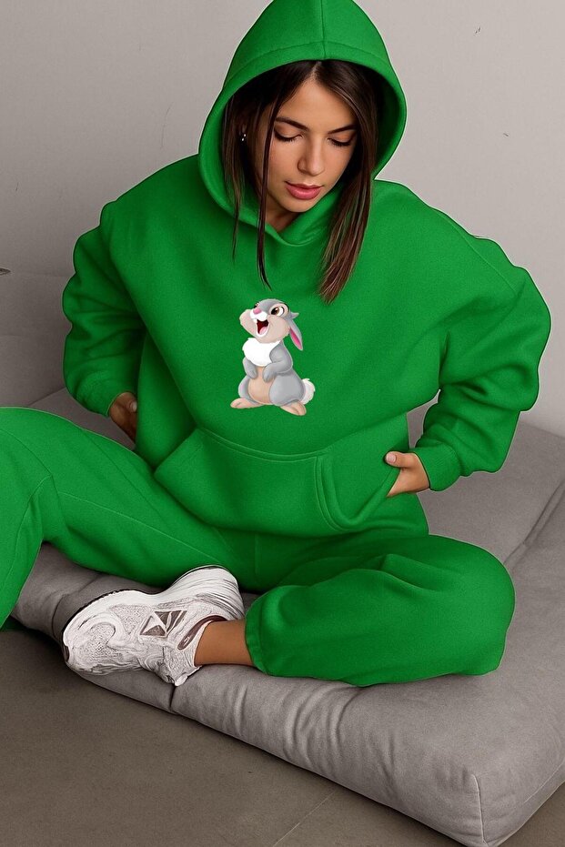 3-Ply Combed Cotton Rabbit Printed Unisex Hooded Sweatshirt