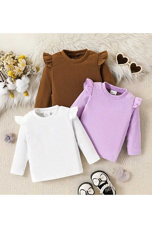 3LÜ Girl's Shoulder Ruffle Detailed Long Sleeve Blouse