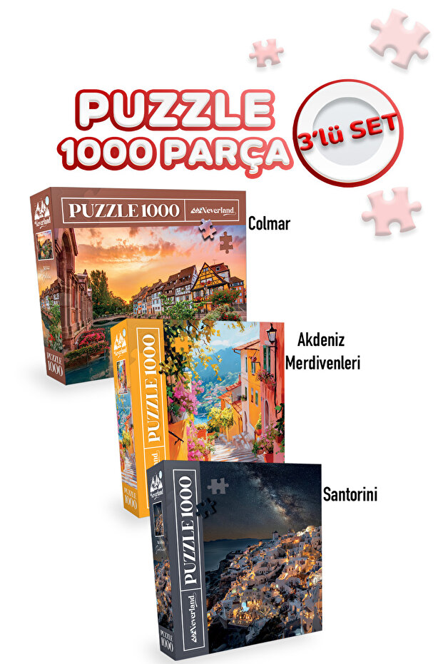 3 Pcs 1000 Piece Puzzle - Santorini and Colmar and the Mediterranean Stairs