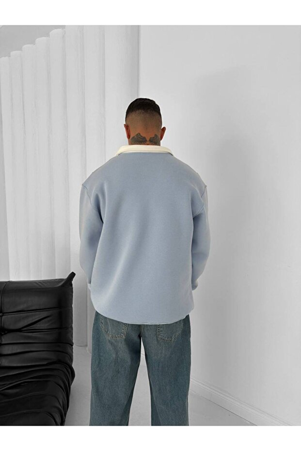 Düğmeli Yaka Oversize Unisex Premium Sweatshirt - 5