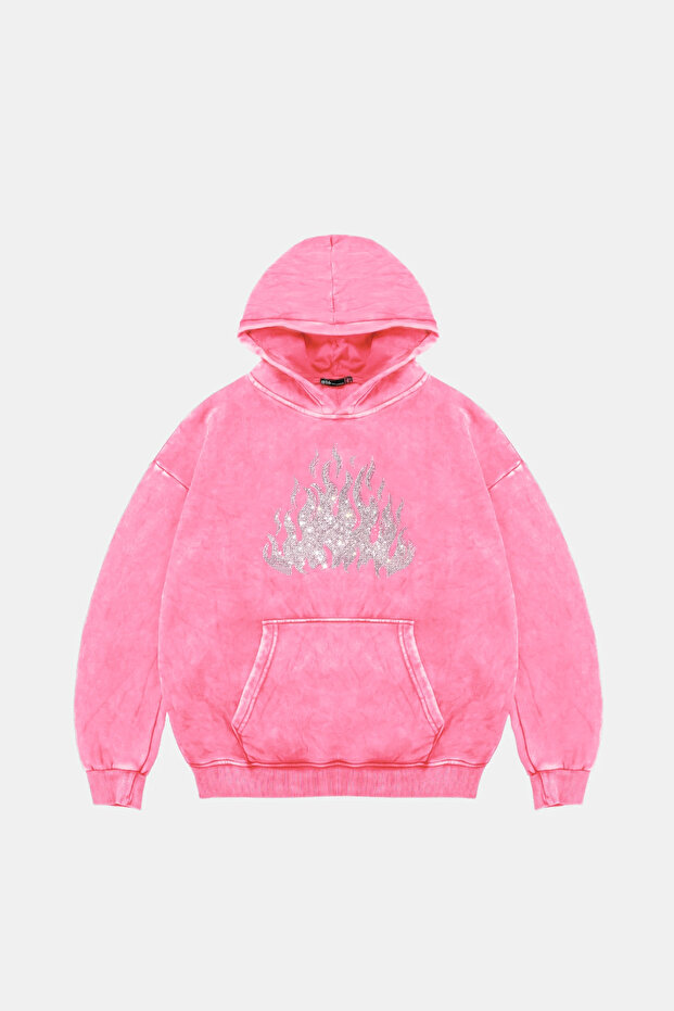 Flame Stone Printed Oversize Unisex Washable Pink Hoodie
