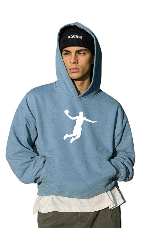 3-Ply Combed Cotton Basketball Playing Printed Unisex Hooded Sweatshirt