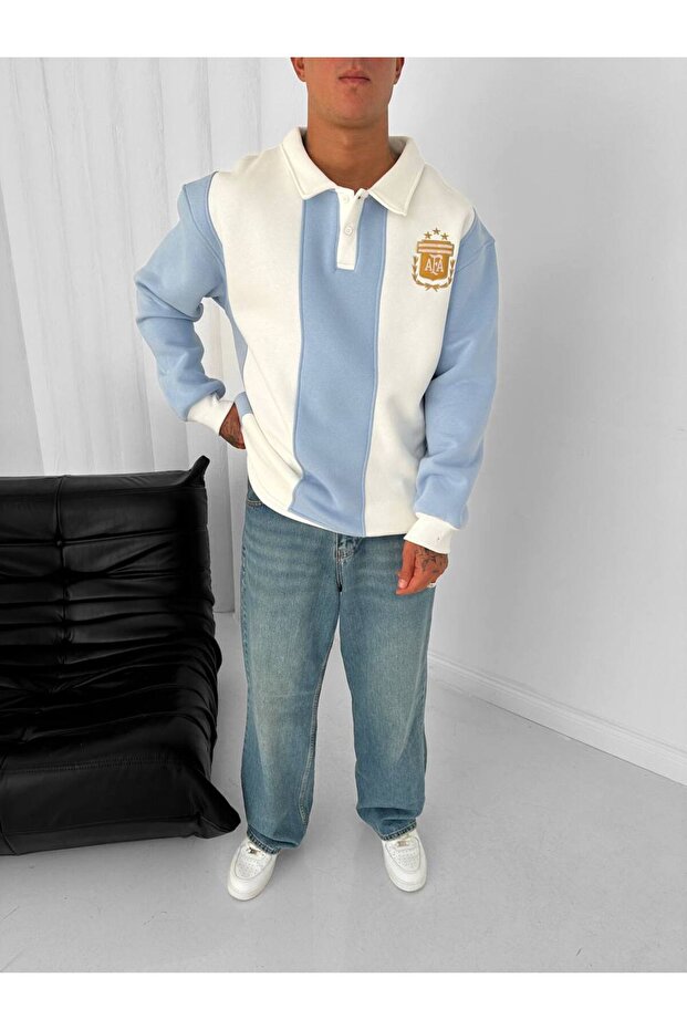 Düğmeli Yaka Oversize Unisex Premium Sweatshirt - 4