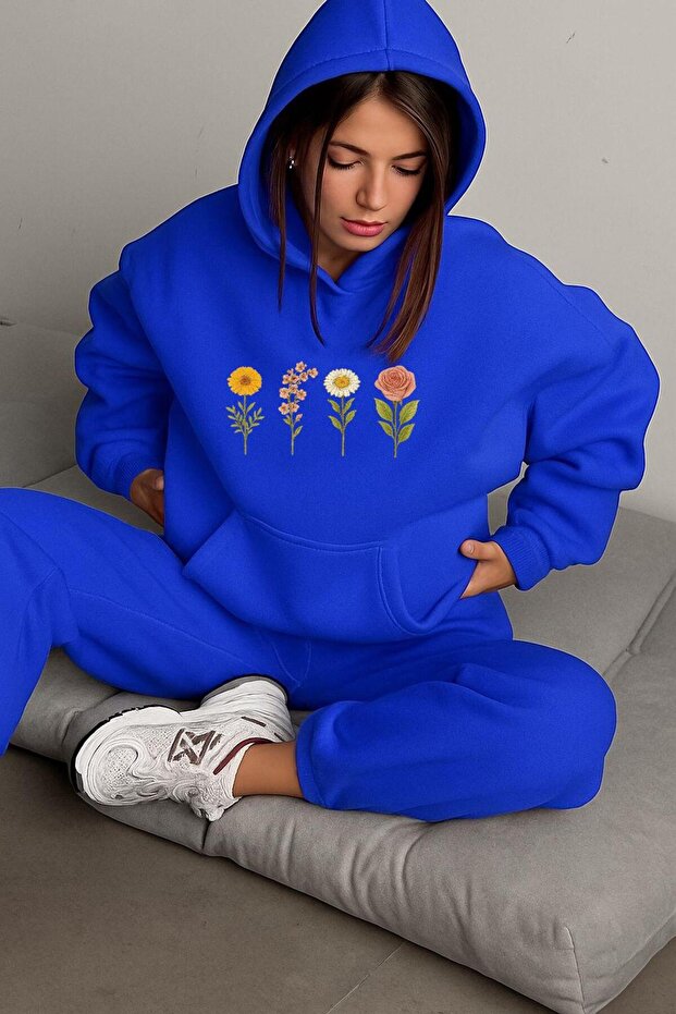 3-Ply Combed Cotton Flower Printed Unisex Hooded Sweat