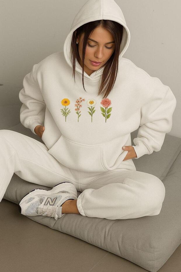 3-Ply Combed Cotton Flower Printed Unisex Hooded Sweat