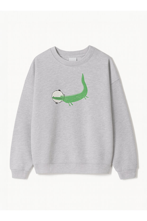 Unisex Oversize Fit Sweatshirt Crocodile Print – Crew Neck, 3 Thread Fleece