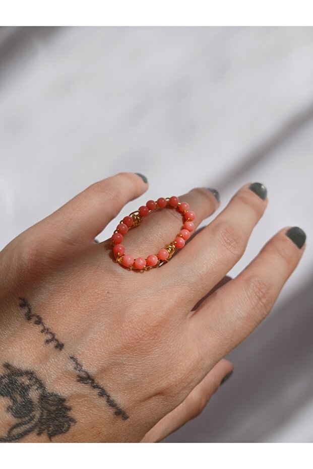Special Design Pink Coral Natural Stone Copper Wire Ring