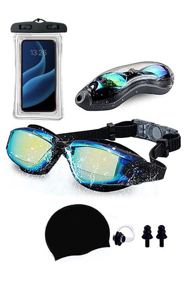 5-in-1 Anti-Fog Swimming Goggles - Goggle Set with Swimming Cap, Earplugs, Nose Clip, Leak-Pr