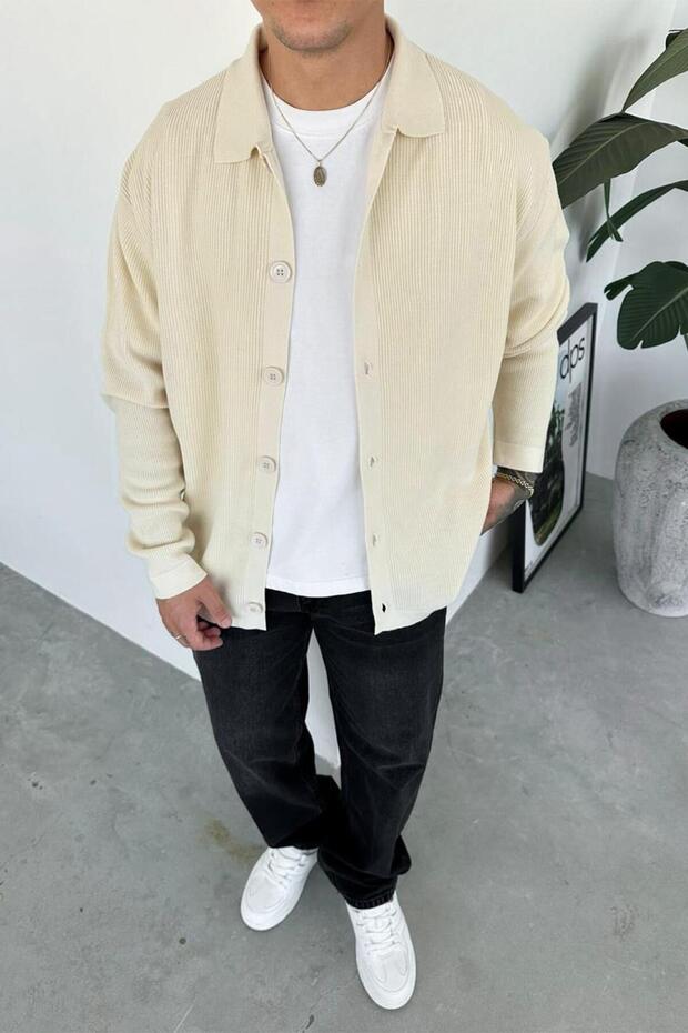 Cream Buttoned Relaxed Knit Cardigan