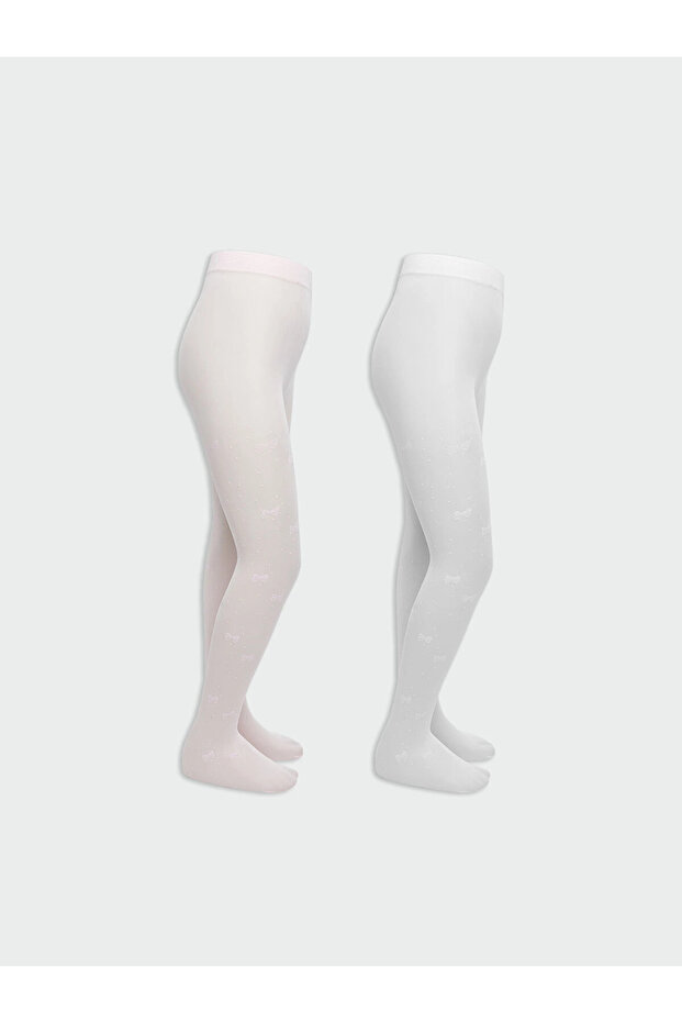 Lcw Kids White Bow Patterned Girls' Thin Pantyhose 2-Pack