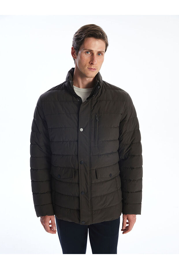 From UZG STORE: Regular-Fit, Mock Neck, Men’s Puffer Coat with Stand-Up Collar