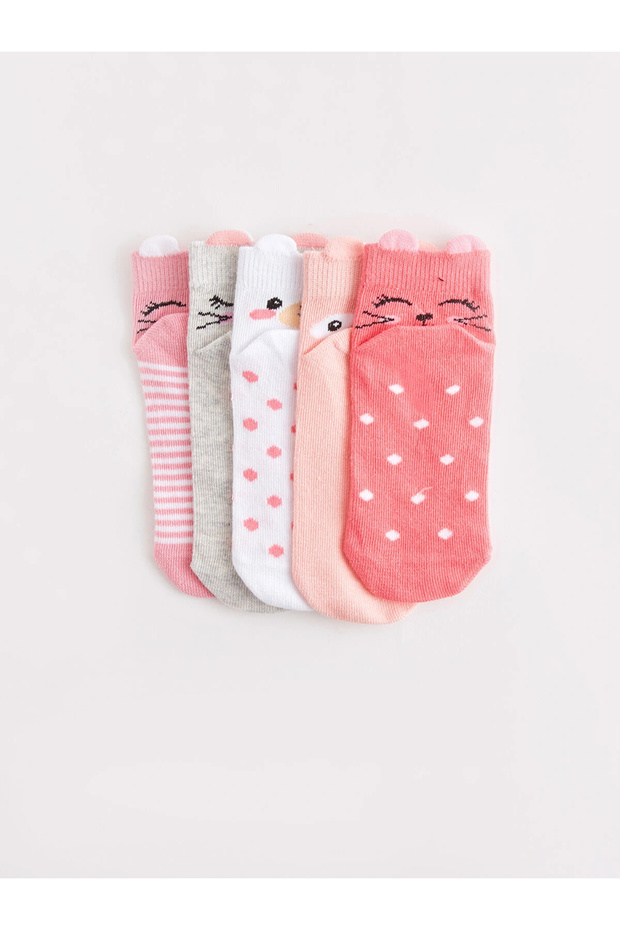 Lcw Kids Pink Patterned Girls' Booties Socks 5-Piece