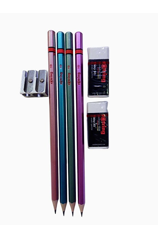 Kurşun Kalem Silgi Kalemtıraş Seti 7 Li Set Metalik Renkler - 1