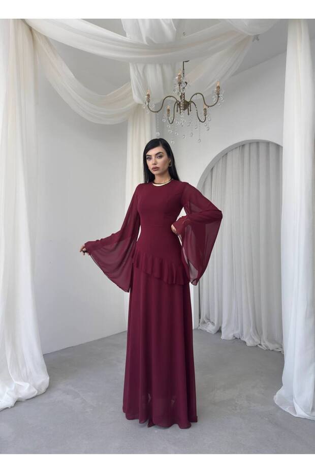 Women's Ruffled Long Sleeve Tulle Long Dress