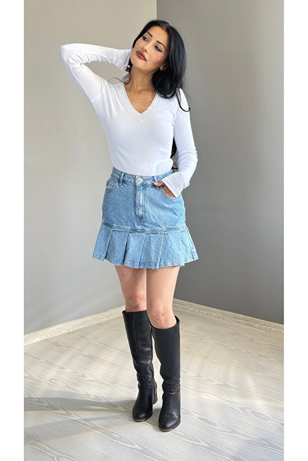 Dantel V Yaka Bluz - 3