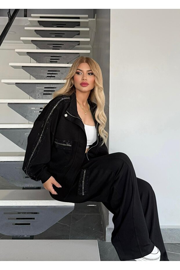 طقم سترة بياقة مرصعة بالأحجار - 4