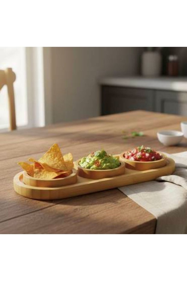 Wooden plate with 3 round wooden plates for hospitality and serving