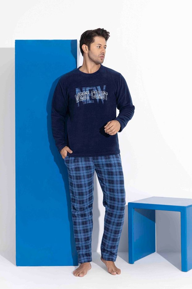 Men's Navy Blue Plaid and Square Patterned Long Sleeve Fleece Fabric Winter Warm Pajama Set