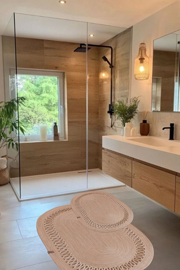 Bathroom Mat Set Wicker Jute 2-Piece Oval Non-Slip Base Water Absorbent Bathroom Rug Decorative Toilet Mat