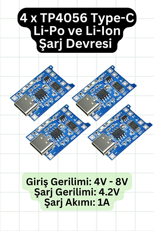 4'lü Tp4056 Type C Girişli ve Korumalı 18650 1S Li-Po Pil Şarj Devresi - 1