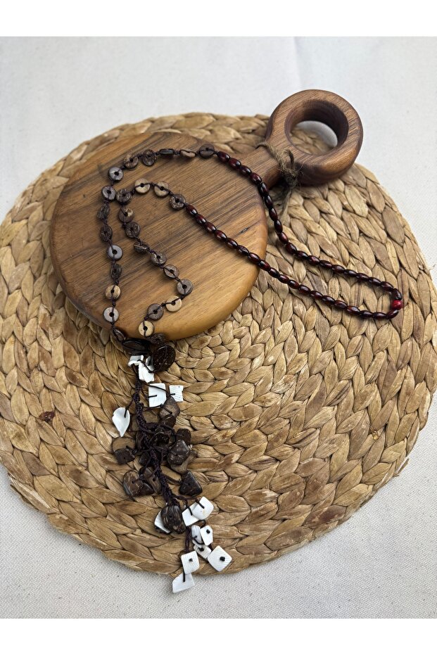 Kahve uzun taşlı ahşap kolye - 4