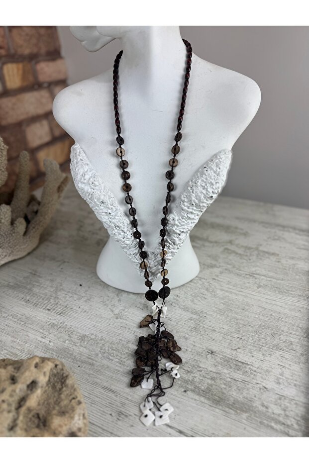 Kahve uzun taşlı ahşap kolye - 1