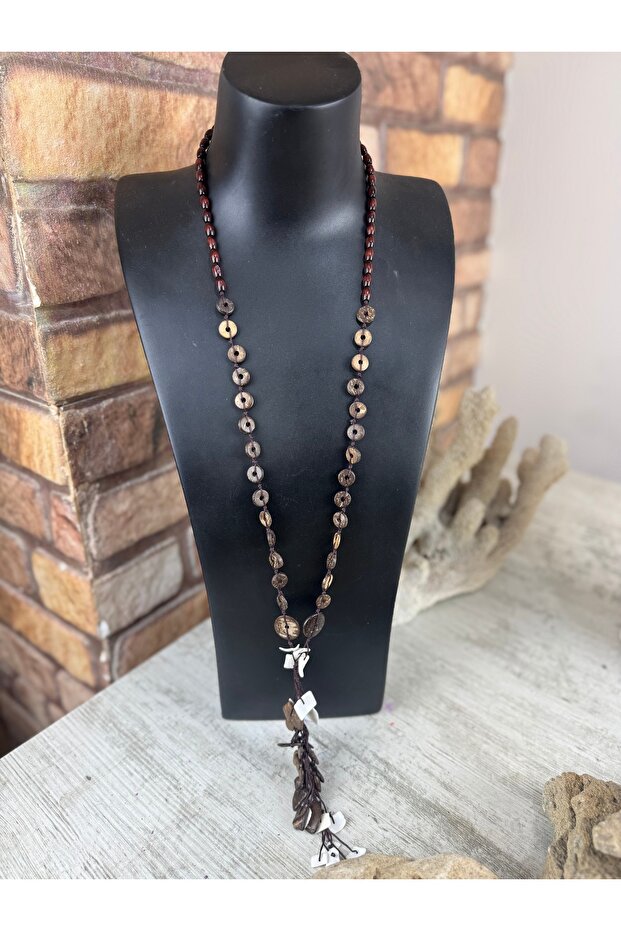 Kahve uzun taşlı ahşap kolye - 2