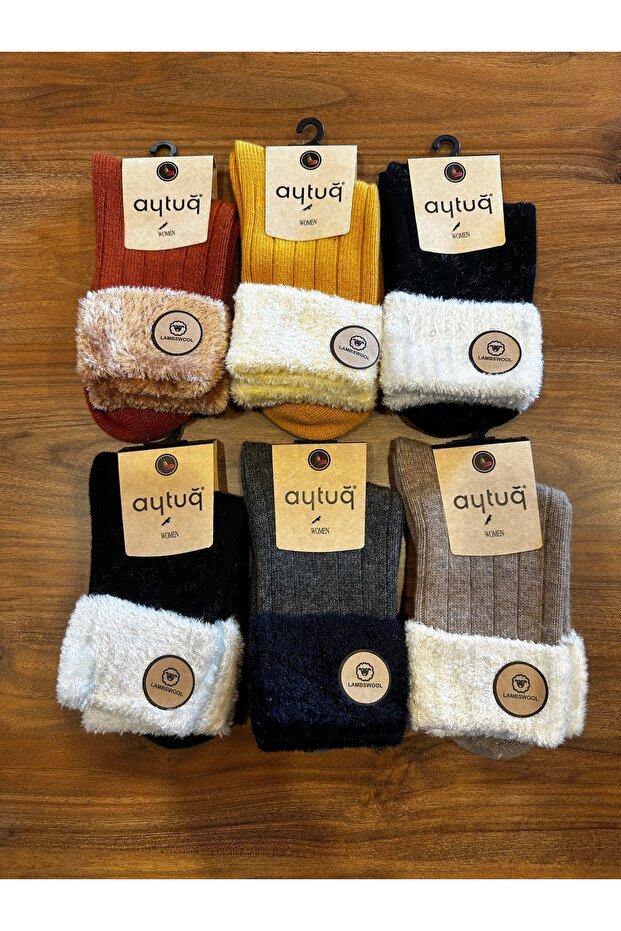 Women's Winter Folded Lambswool Lamb Wool Socks 3 Pack