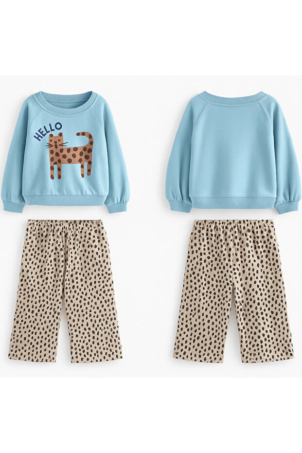 Girl's Polka Dot Leopard Sweatpants Baby Blue Cat Printed Top and Bottom Set