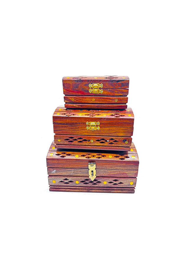 Handmade Wooden Storage Boxes, Decorative Jewelry Organizer Set, Brown Sheesham Wood, 3 Pieces with