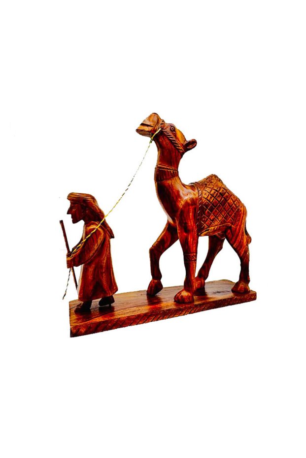 Handmade Wooden Camel with Man Figurine(Large Size), Traditional Arabian Design, Natural Wood, 12 In