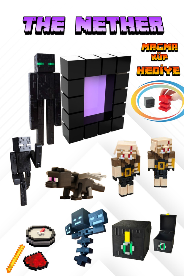 Minecraft The Nether Oyun Seti 11 Adet - Enderman, Portal, Ejderha, Wither, Piglin, Chest, Redstone - 1