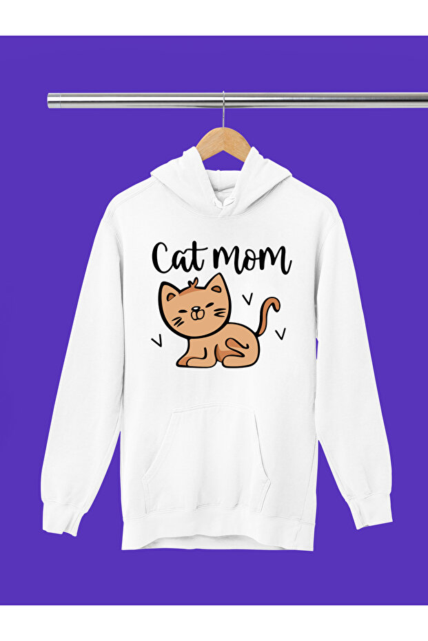 Cat Mom Printed Cotton Long Sleeve Ribbed 3-Ply Hooded Sweatshirt
