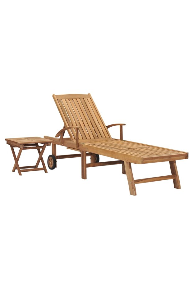 Sun Lounger with Table Solid Teak Wood