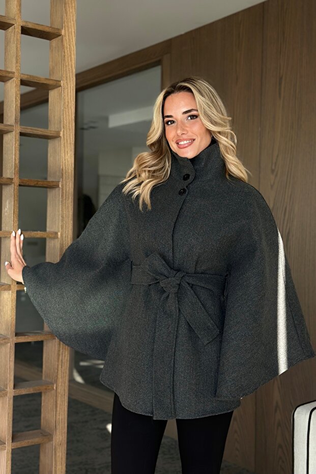Anthracite Buttoned Belted Cashmere Poncho - 2055
