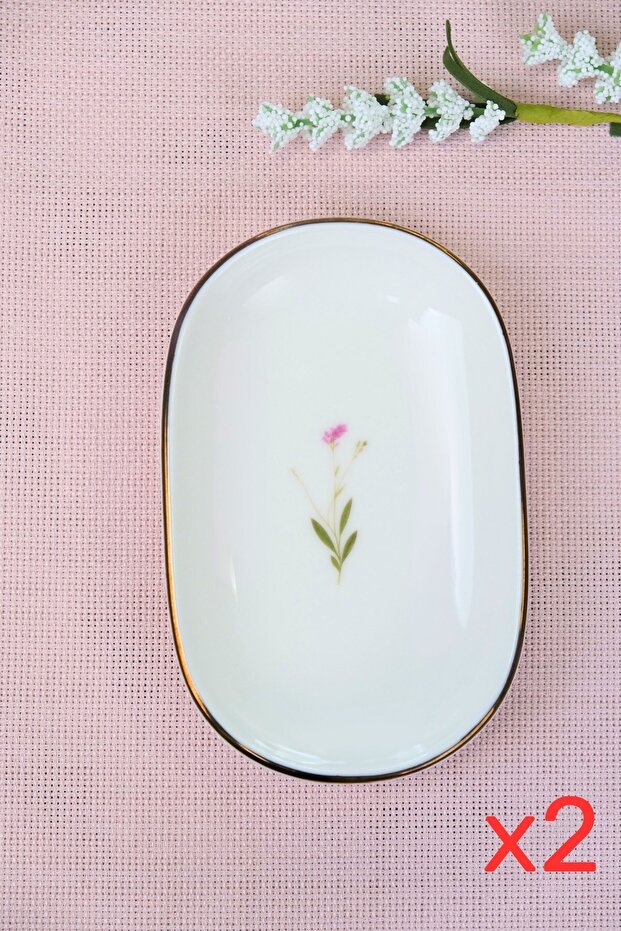 Tabak Evi Porcelain Natura Broadcloth Gold Gilded Oval Boat-Shaped Tray 14X9X2.50Cm 2 Pieces